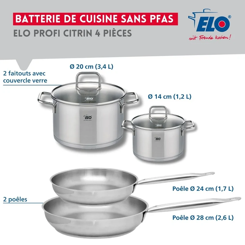 Set de 2 Poêles de cuisson 24 et 28 cm et 2 faitouts 14 et 20 cm Elo Profi Citrin