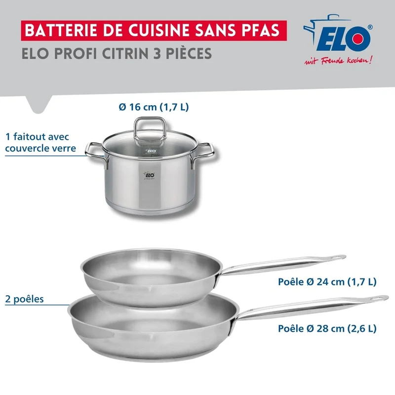 Set de 2 Poêles de cuisson 24 et 28 cm et 1 faitout 16 cm Elo Profi Citrin