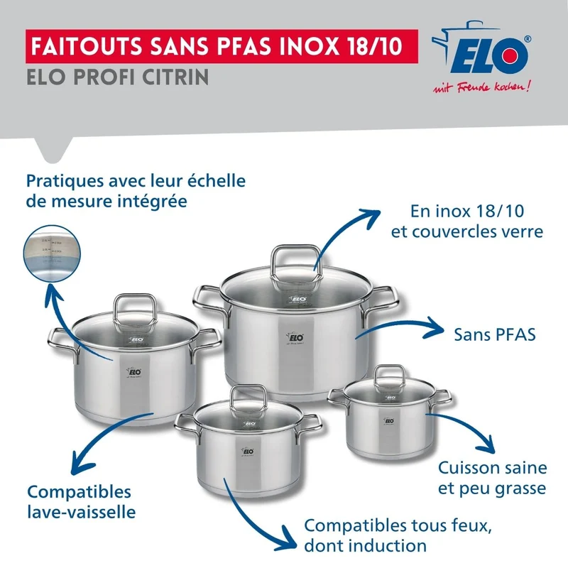 Set de 1 Poêle de cuisson 32 cm et 4 faitouts 12, 14, 16 et 20 cm Elo Profi Citrin