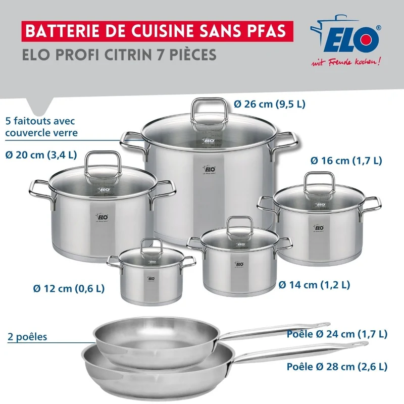 Ensemble de 2 Poêles de cuisson 24 et 28 cm et 5 faitouts 12, 14, 16, 20 et 26 cm Elo Profi Citrin