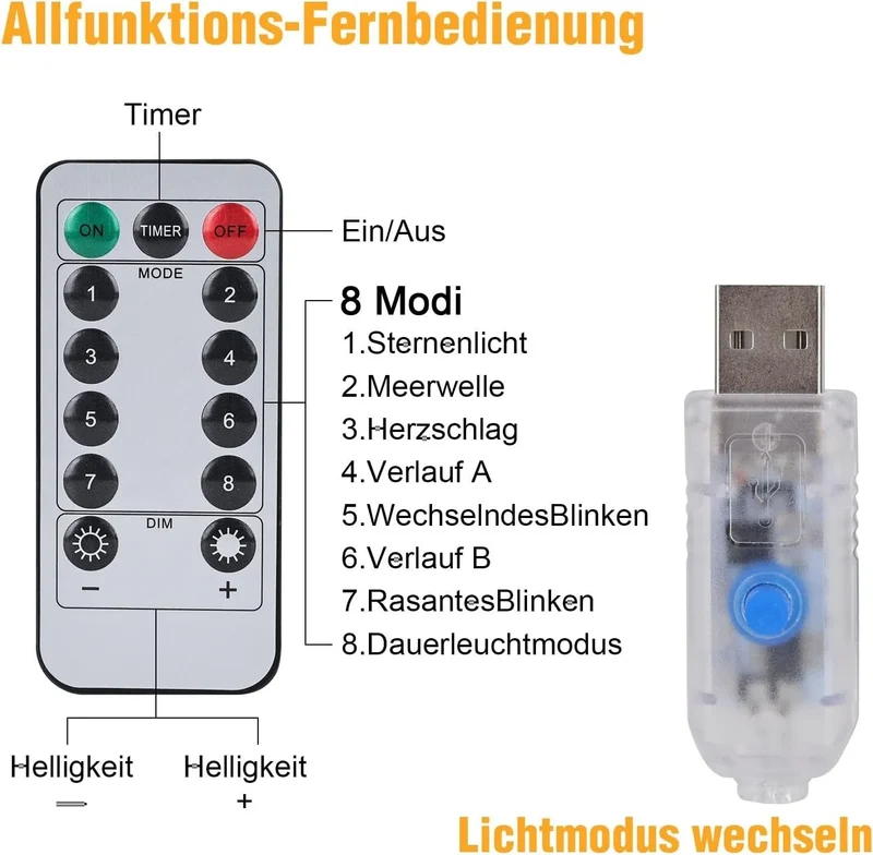 Lichtervorhang LED Warmweiß USB Fernbedienung 8 Modi Timer Hochzeit Deko 3x3m
