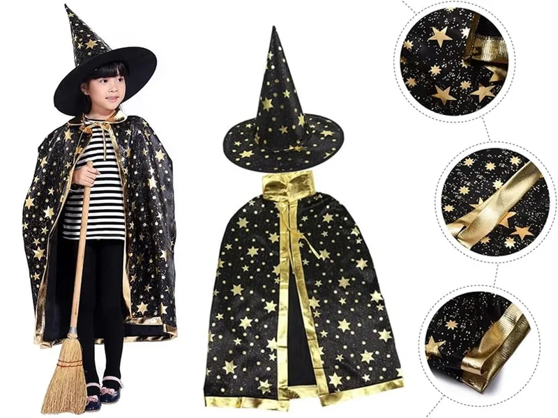 Halloween Zauberer Kostüm Magier Umhang mit Hut Sterne Karneval Verkleidung
