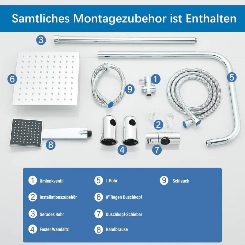 Regendusche Duschsystem 20x20cm Kopfbrause Handbrause Duschset Edelstahl