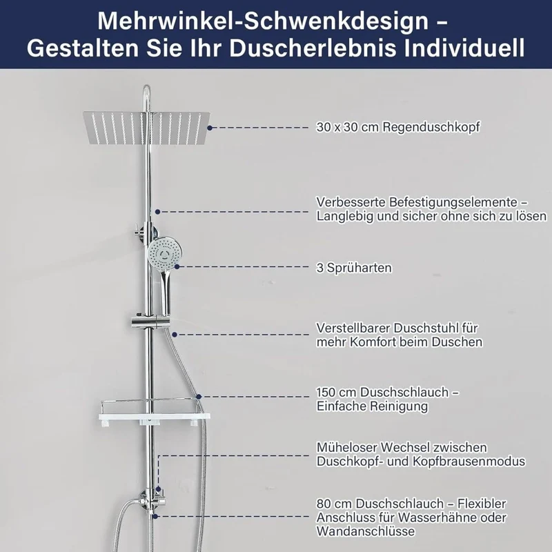 Edelstahl Regendusche Set 30x30cm Duschsystem Kopfbrause Handbrause Chrom
