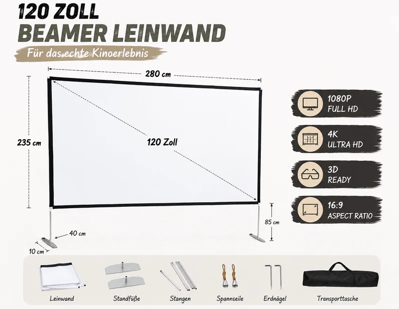Beamer Leinwand 120 Zoll mit Ständer Tragetasche Projektor Leinwand Outdoor