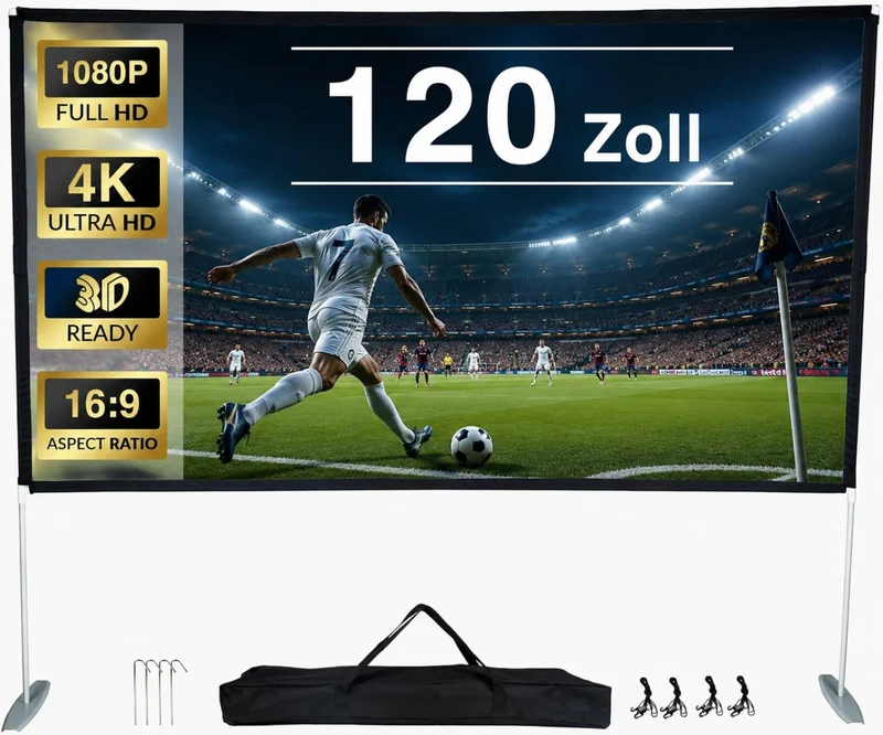 Beamer Leinwand mit Stativ 70–150 Zoll Auswahl – 16:9 Projektor Leinwand für Heimkino, Präsentationen und Outdoor Kino
