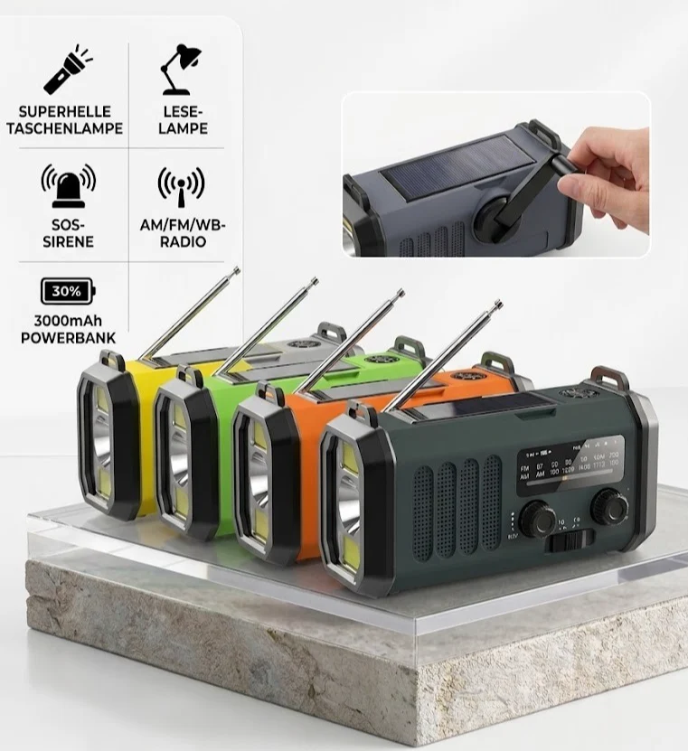 Notfallradio Solar 10000mAh FM AM NOAA Kurbel Radio Powerbank