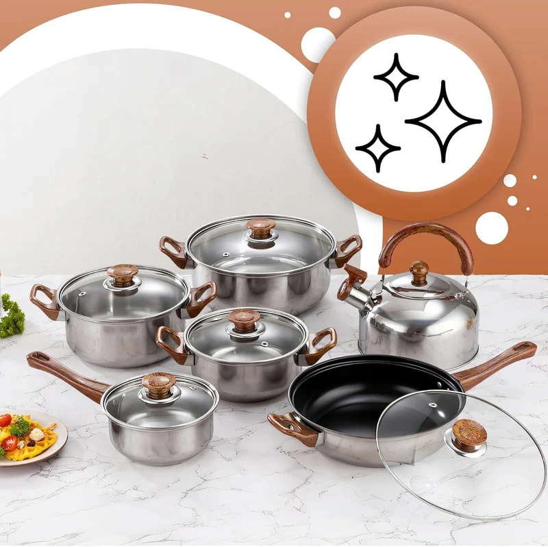Topfset 12 teilig Edelstahl Kochgeschirr Set mit Glasdeckel Pfanne