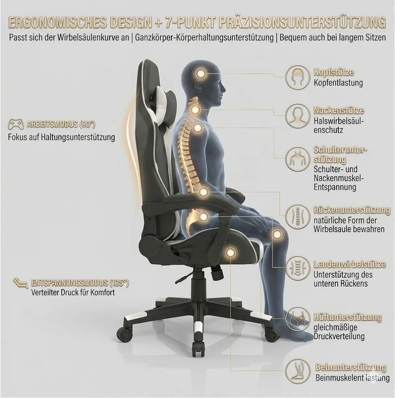 Gaming Stuhl ergonomisch Bürostuhl höhenverstellbar Drehstuhl 360°