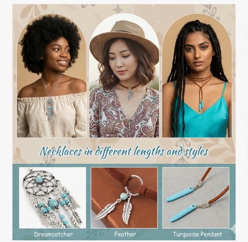 Boho Schmuck Set Türkis Damen Vintage Kette Ohrringe Ringe 14 teilig Geschenk Set