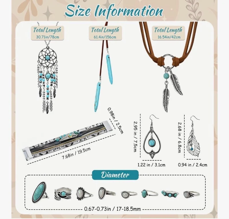 Boho Schmuck Set Türkis Damen Vintage Kette Ohrringe Ringe 14 teilig Geschenk Set