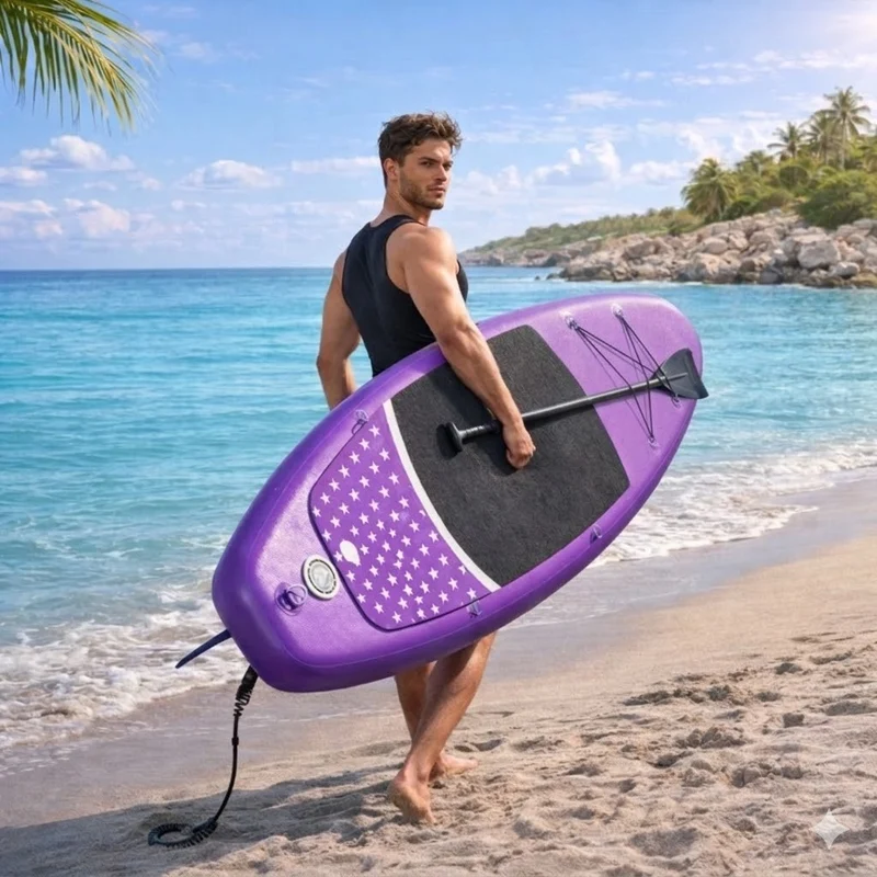 Aufblasbares SUP Board Set Lila 366 cm XXL – 2in1 Stand Up Paddle & Kajak Funktion mit Sitz, Paddel, Double-Action-Pumpe, Tragetasche & Reparaturset