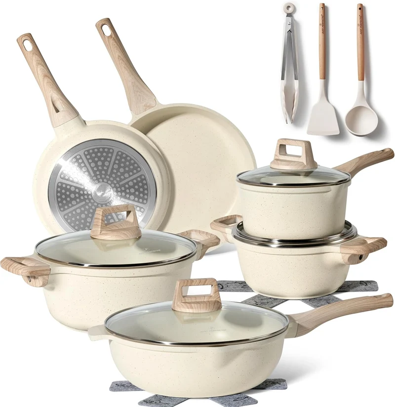 Batterie de cuisine 15 pièces antiadhésives en Granit Beige - Tous feux dont induction