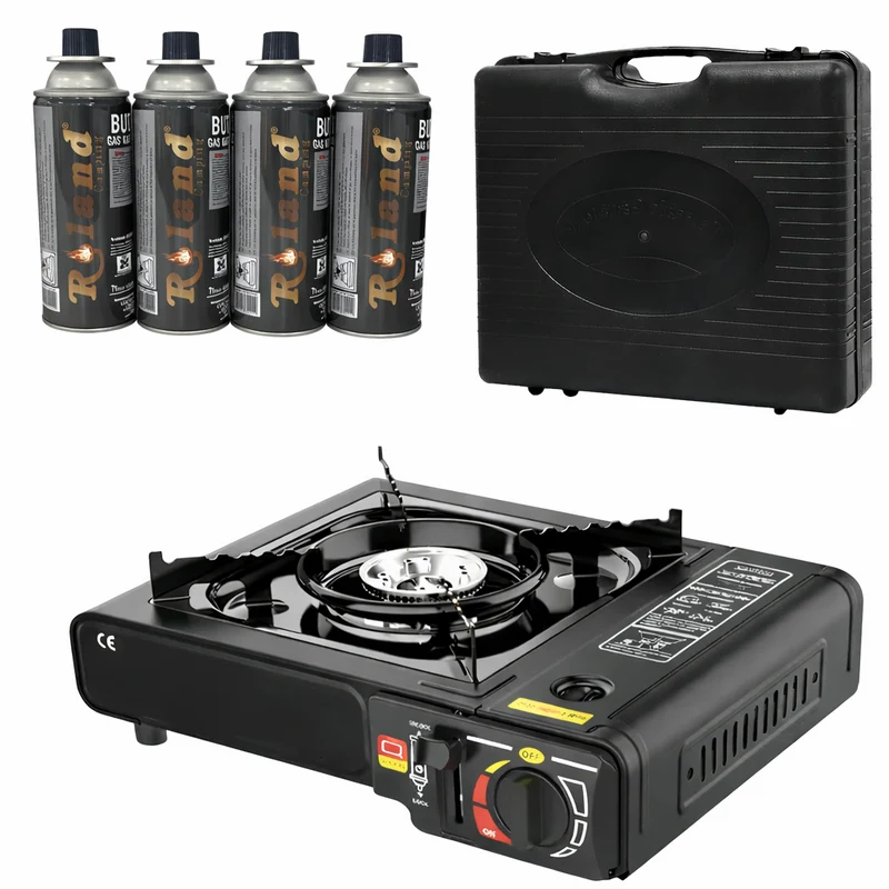 Camping Gaskocher Set 4x Gas Kartusche + 1 Kocher mit Koffer