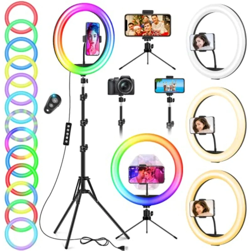 12" RGB Ringlicht 186cm mit Stativ | 48 Modi dimmbar Bluetooth Handyhalter