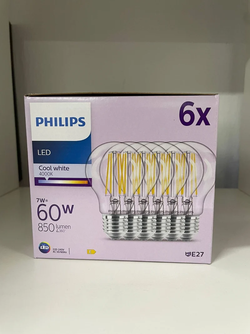 Philips LED E27 7W Neutralweiß Filament – 60W Ersatz, 6er Set, 15000h Lebensdauer
