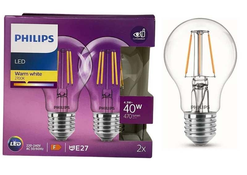Philips LED E27 4,3W Filament Klar Warmweiß 2700K – 40W Ersatz, 470lm, 2er Set