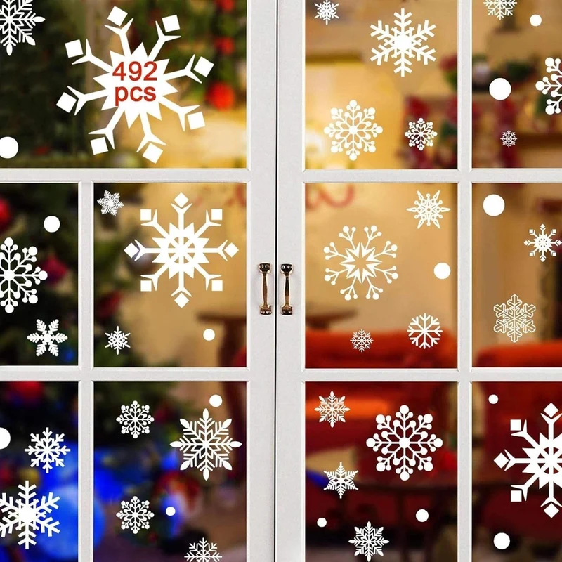 492 Stück Schneeflocken Fensterbilder – Statisch Haftende Weihnachtsaufkleber, 12 Bögen, PVC, Abnehmbar & Wiederverwendbar