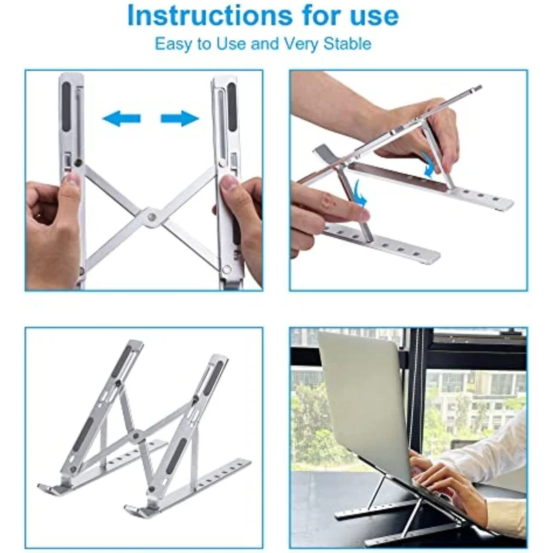 Höhenverstellbarer Aluminium Laptopständer – 7 Stufen, Faltbar, Belüftet & Rutschfest – Silber