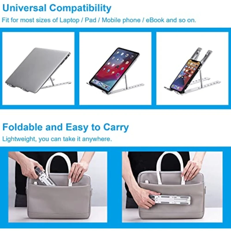 Höhenverstellbarer Aluminium Laptopständer – 7 Stufen, Faltbar, Belüftet & Rutschfest – Silber