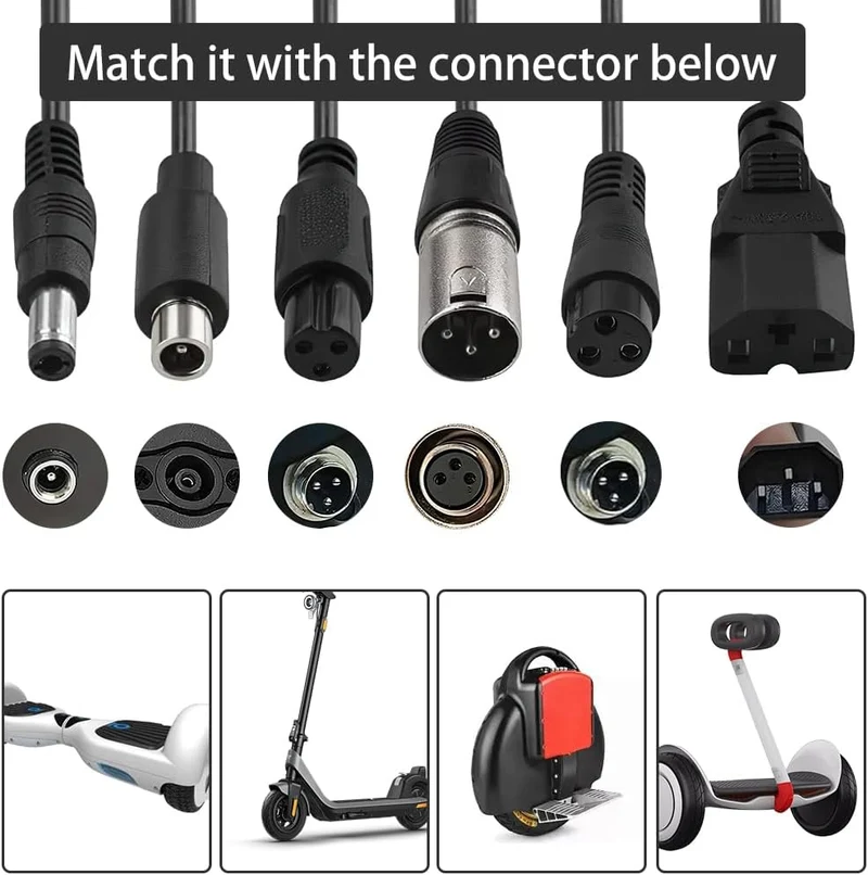 Ladegeräte für Scooter, 42V 2A Hoverboard Ladekabel mit 6 Anschlüssen, E Scooter Ladegerät, Kompatibel mit Ninebot, Xiaomi M365, M365 Pro, Pro2, Mi 3 und Mehr Scooter/Hoverboard/Fahrrad