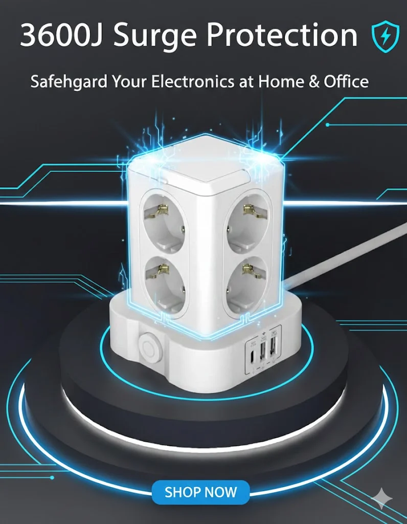 Steckdosenturm 8-Fach 3 USB 3680W 16A 2m Überspannungsschutz
