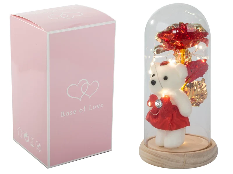LED Ewige Rose im Glas mit Teddybär romantisches Geschenk für Frauen