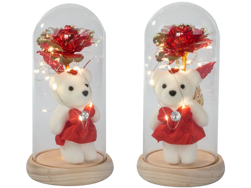 LED Ewige Rose im Glas mit Teddybär romantisches Geschenk für Frauen