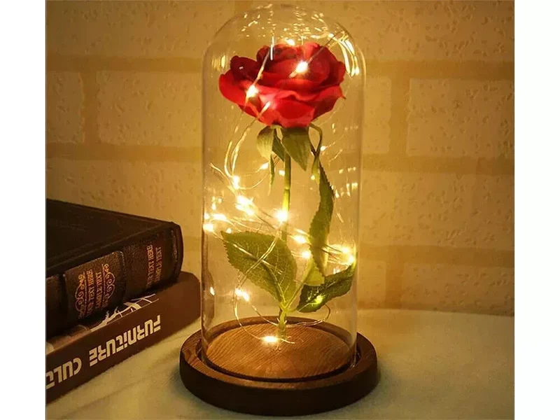 LED Ewige Rose im Glas Rot mit Holzsockel – Romantisches Geschenk für Valentinstag, Geburtstag und Muttertag