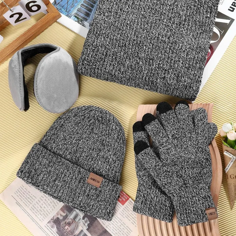 Herren Winterset 4-teilig 🧣 Mütze Schal Handschuhe Ohrenwärmer Strick