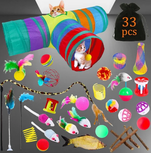 Katzenspielzeug Set 33 tlg. mit Katzentunnel Mäuse Bälle Federn Katzen Spielzeug