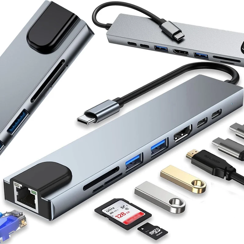 USB C Hub 8in1 Adapter HDMI 4K RJ45 SD TF Thunderbolt 3