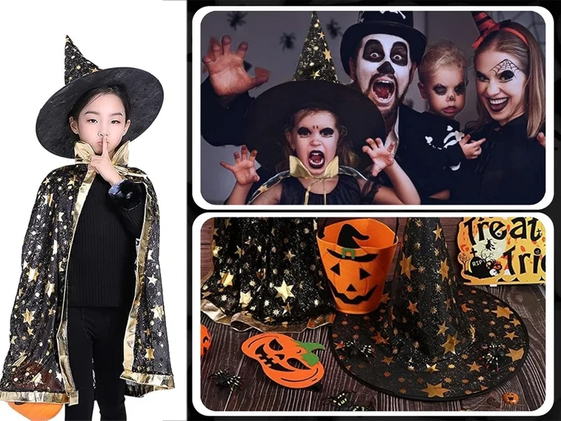 Kinder Halloween Kostüm Hexe Zauberer Umhang mit Hut 🎃 Karneval Verkleidung