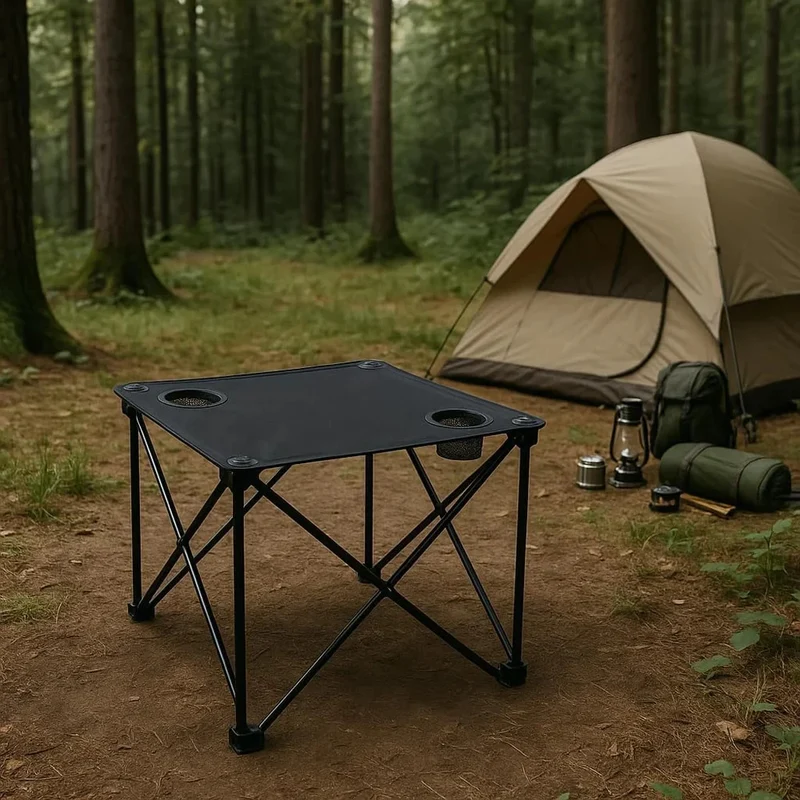 2x Klappstuhl Blau + 1x Campingtisch Schwarz Set – Faltbar mit Getränkehalter