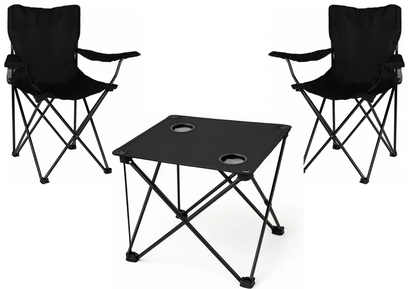2x Klappstuhl Blau + 1x Campingtisch Schwarz Set – Faltbar mit Getränkehalter