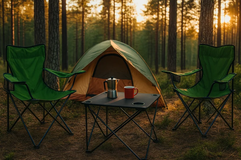 2x Klappstuhl Blau + 1x Campingtisch Schwarz Set – Faltbar mit Getränkehalter