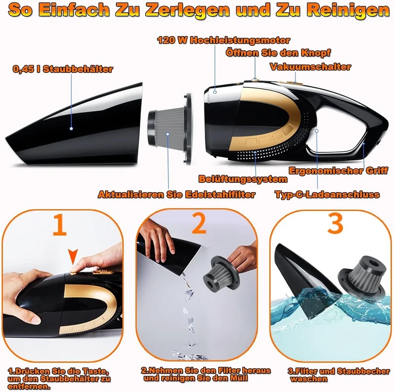 Kabelloser Handstaubsauger 16000Pa – Akku Auto Staubsauger Nass & Trocken für Tierhaare, Auto und Haushalt