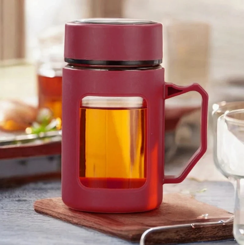 Teeflasche aus Glas 500ml – Thermobecher mit Henkel, Rot oder Schwarz 5903678586386
