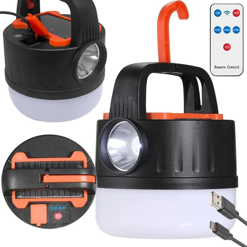 LED Campinglampe Solar USB Wiederaufladbar mit Haken & Fernbedienung 9 Modi