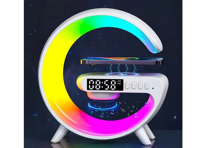 RGB LED Gaming Lampe mit Wecker, Lautsprecher, induktiver Ladefläche und Radio – USB