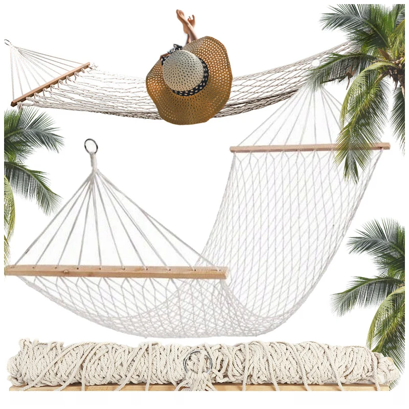 Hängematte Netz mit Holzstangen 190cm 150kg Garten Boho weiß Outdoor