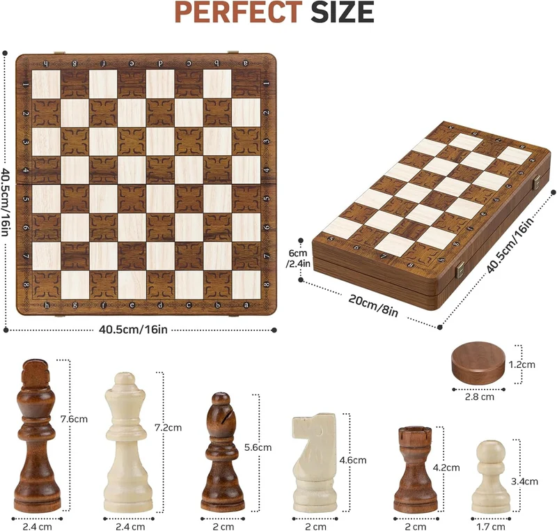 Magnetisches Schachspiel 2in1 Holz klappbar 39cm mit Dame Set für Kinder & Erwachsene
