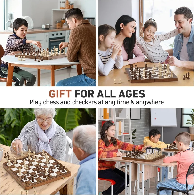Magnetisches Schachspiel 2in1 Holz klappbar 39cm mit Dame Set für Kinder & Erwachsene