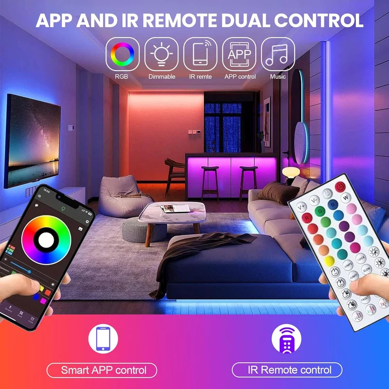 LED Strip 10 m RGB – Bluetooth APP, Timer & Musik Sync, Selbstklebender LED Streifen