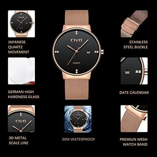 Herren Herrenuhr Edelstahl Quarz Classic Business Armbanduhr Wasserdicht Roségol