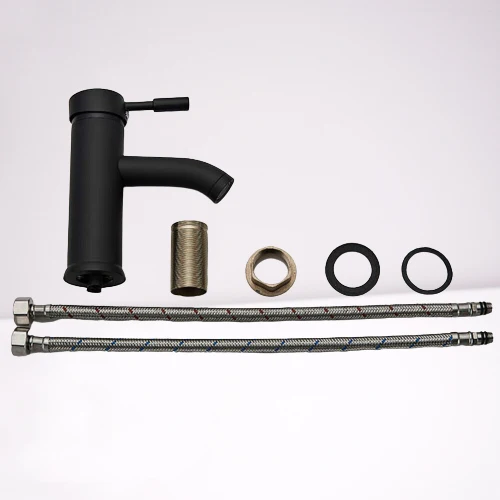 Waschtischarmatur Schwarz – Einhand Mischbatterie für Waschbecken | Moderne Badarmatur mit Heiß- & Kaltwasseranschluss, Keramikkartusche & 40 cm Schläuchen