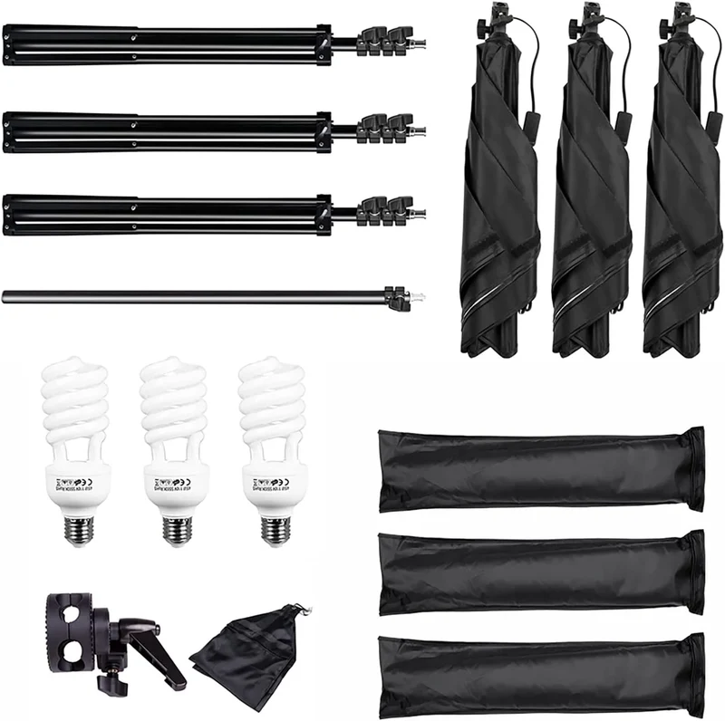 Fotostudio Set mit 3 Softboxen, 3x 65W Tageslichtlampen, Stativen, Galgenstativ und Tragetasche