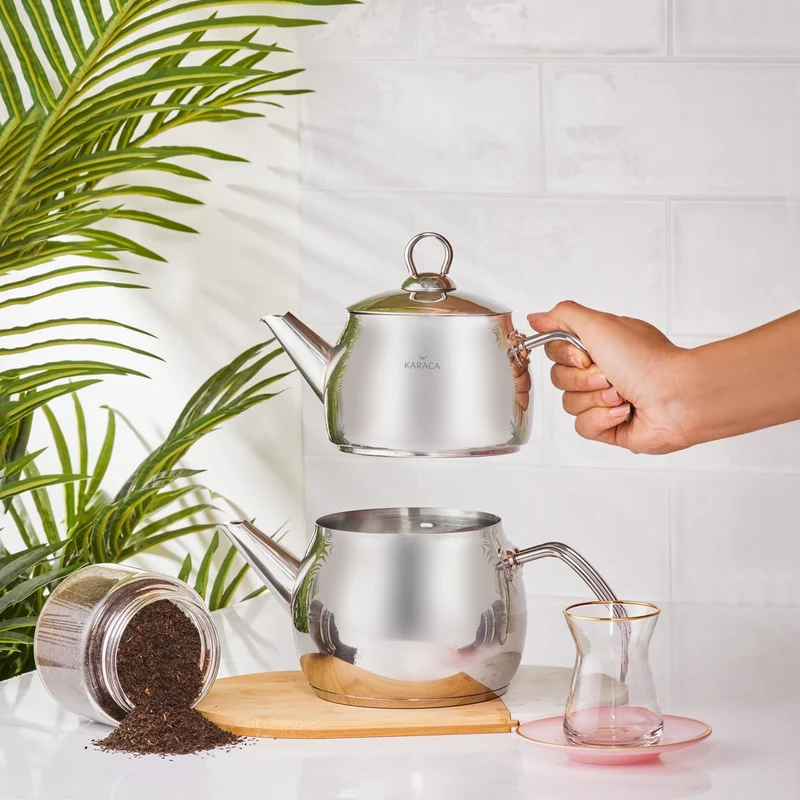 Karaca Belinay Teekannen-Set – Edelstahl, Türkischer Teekocher, 0,65 L Teekanne & 1,1 L Wasserkessel