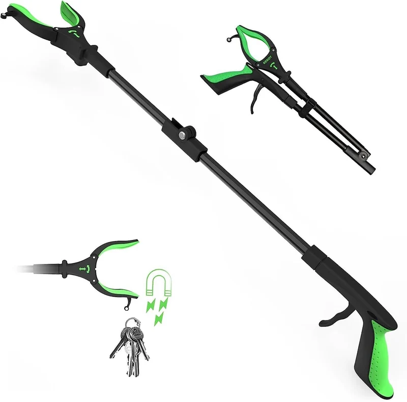 Greifzange mit Licht 80cm – Drehbare Faltbare Aluminium Müllzange mit Magnet, Ergonomische Greifhilfe für Senioren und Abfallsammlung - ORANGE