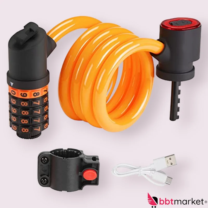B-Ware Fahrrad-Zahlenschloss mit LED-Licht – 5-stelliges Sicherheits-Kabelschloss in Orange
